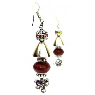 Brown Bead Silver Oxidized Earring Jhumka Chandelier - Hook Dangle Drop Long